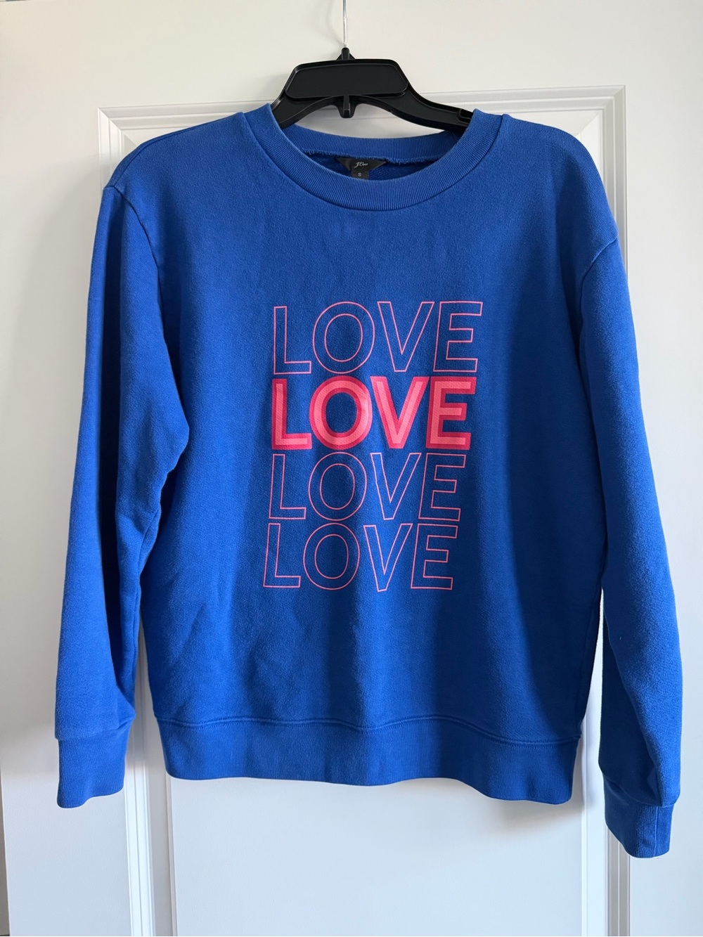 J. Crew Blue Crewneck Sweater with Pink LOVE Graphic